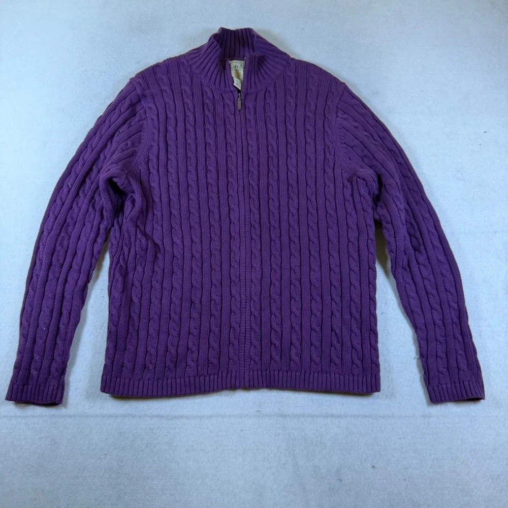 LL Bean Mens Large Purple Cable Knit Full Zip Cotton Sweater Mock Neck Cardigan